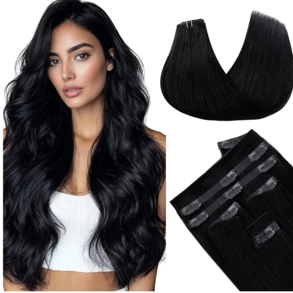 Maxita 100% Remy Human Hair 16" Extensions Jet Black Invisi Edge Clip Ins - Picture 2 of 16